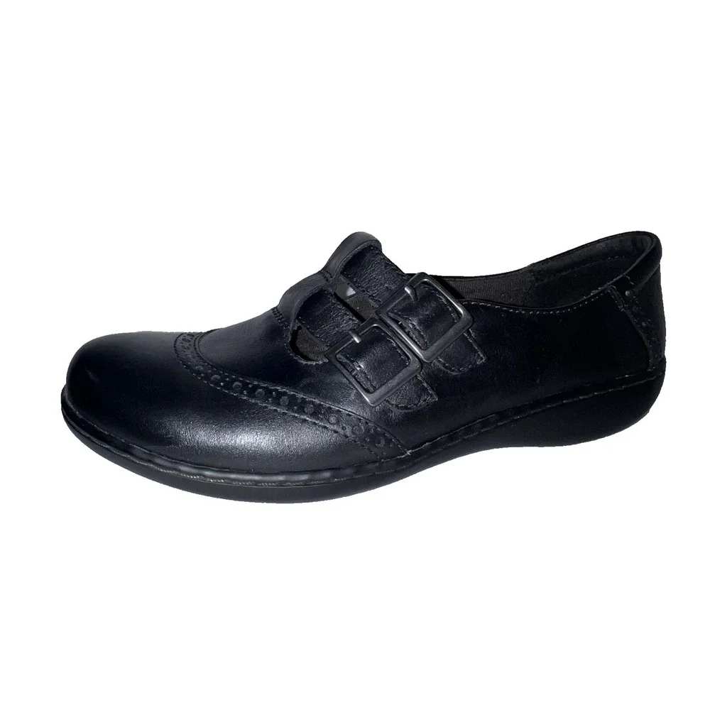 Clarks Bendables Black Leather Double Buckle Mary Jane Brogue Shoes Womens 9.5M
